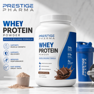 {"description":"The image is an advertisement for Prestige Pharma's Whey Protein Powder, a muscle-building formula. The ad features a white and blue container with a blue label on the right side, accompanied by a scoop of protein powder and a shaker bottle.nn* **Product Container**nt+ White plastic container with a screw-on lidnt+ Blue label on the right side with the product name and detailsnt+ Product name: "WHEY PROTEIN POWDER"nt+ Tagline: "MUSCLE BUILDING FORMULA"nt+ Nutrition facts:ntt- 24g protein per servingntt- 5.5g BCAAs per servingntt- 4g glutamine per servingnt+ Flavor: Chocolatent+ Net weight: 2 lbs (908g)n* **Scoop of Protein Powder**nt+ Small pile of light brown protein powdernt+ A white plastic scoop partially filled with protein powdern* **Shaker Bottle**nt+ Blue plastic shaker bottle with a screw-on lidnt+ Brand name: "PRESTIGE PHARMA" printed on the siden* **Background**nt+ White marble countertopnt+ Bright lighting with shadows cast by the productsn* **Text and Graphics**nt+ Product name and tagline in large blue and black text at the top leftnt+ Four bullet points highlighting the benefits of the product:ntt- Supports muscle growthntt- Supports recoveryntt- Improves performancentt- Easy mixing, great tastent+ Brand name: "PRESTIGE PHARMA" in blue and gray text at the top leftnnThe image effectively showcases the product and its benefits, with a clean and modern design that appeals to fitness enthusiasts."}