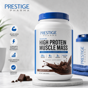 {"description":"The image features a white and blue container of protein powder on a marble platform, accompanied by a list of benefits and a logo.nn* **Container**nt+ White with a blue lidnt+ Label reads "PRESTIGE PHARMA" in small blue text at the topnt+ "PREMIUM HIGH PROTEIN MUSCLE MASS" in large black text belownt+ "SUPPORTS MUSCLE GROWTH & STRENGTH*" in smaller blue text underneathnt+ "25G PROTEIN* 6G BCAAs* 3G CREATINE* GLUTEN FREE*" in small blue textnt+ "DIETARY SUPPLEMENT" in small black textnt+ "CHOCOLATE FLAVOR NET WT. 2LBS (907G)" in small black text at the bottomn* **Benefits**nt+ Build lean muscle*nt+ Supports energy & recovery*nt+ High protein formula*nt+ Premium qualityn* **Logo**nt+ "PRESTIGE PHARMA" in blue and gray text at the top leftn* **Background**nt+ White wallnt+ Green plant in the backgroundnt+ Blue towel and another container on the right sidennThe image effectively showcases the product and its benefits, with a clean and modern design."}