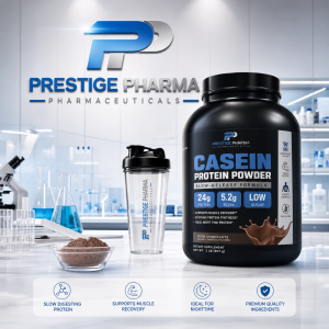 {"description":"The image depicts a product advertisement for Prestige Pharma's Casein Protein Powder, featuring a laboratory setting and various equipment.nn**Top Section:**nn* The top-left corner showcases the company logo, "PRESTIGE PHARMA PHARMACEUTICALS," in blue and gray text, accompanied by a stylized "P" symbol.n* The background features a white wall with a grid pattern, suggesting a laboratory setting.nn**Main Section:**nn* A black plastic container of Casein Protein Powder takes center stage, labeled with the product name, "CASEIN PROTEIN POWDER," and highlighting its key features: "SLOW-RELEASE FORMULA," "24g PROTEIN," "5.2g BCAAs," and "LOW SUGAR."n* To the left of the container, a clear plastic shaker bottle with a black lid bears the Prestige Pharma logo and text.n* A small glass bowl containing brown powder sits next to the shaker bottle, accompanied by a white spoon.nn**Bottom Section:**nn* A white banner displays four icons with accompanying text, each describing a benefit of the product:nt+ "SLOW DIGESTING PROTEIN"nt+ "SUPPORTS MUSCLE RECOVERY"nt+ "IDEAL FOR NIGHTTIME"nt+ "PREMIUM QUALITY INGREDIENTS"nn**Background:**nn* The background of the image features a laboratory setting, complete with various pieces of equipment, including:nt+ A microscopent+ Beakersnt+ Flasksnt+ Test tubesnnOverall, the image effectively showcases the product and its benefits, while also conveying a sense of scientific expertise and quality."}