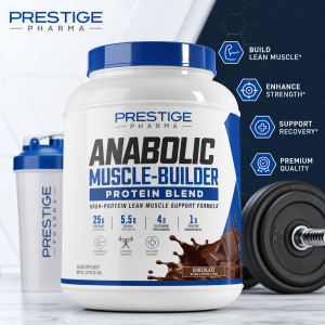 {"description":"The image is an advertisement for Prestige Pharma's Anabolic Muscle-Builder Protein Blend, featuring a white and blue container with a blue lid. The container is prominently displayed in the center of the image, with a smaller version of the same product and a dumbbell visible in the background.nn* **Container**nt+ Color: White and bluent+ Lid: Bluent+ Label: Features the product name, "ANABOLIC MUSCLE-BUILDER PROTEIN BLEND", in large textnt+ Additional information on the label:ntt- 25G PROTEIN PER SERVINGntt- 5.5G BCAAS PER SERVINGntt- 4G GLUTAMINE PRECURSORSntt- 1G CREATINE MONOHYDRATEntt- HIGH-PROTEIN LEAN MUSCLE SUPPORT FORMULAntt- CHOCOLATE FLAVORn* **Background**nt+ Color: White and gray marble patternnt+ Additional products:ntt- A smaller version of the same protein powder containerntt- A dumbbelln* **Text overlay**nt+ Top-left corner: "PRESTIGE PHARMA" logont+ Right side:ntt- Four hexagonal icons with text:nttt- BUILD LEAN MUSCLE*nttt- ENHANCE STRENGTH*nttt- SUPPORT RECOVERY*nttt- PREMIUM QUALITYnnThe image effectively showcases the product and its benefits, making it appealing to potential customers."}