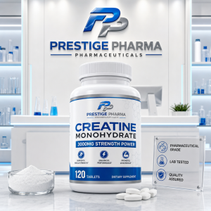 {"description":"The image presents a promotional advertisement for Prestige Pharma Pharmaceuticals' Creatine Monohydrate supplement. The ad features a white bottle with a blue and silver label, accompanied by various elements that highlight the product's benefits and credentials.nn* **Product Bottle**nt+ White bottle with a blue and silver labelnt+ Label displays the product name "CREATINE MONOHYDRATE" in large blue textnt+ Label includes the company logo, "PRESTIGE PHARMA PHARMACEUTICALS", in smaller textnt+ Label highlights the product's benefits: "3000MG STRENGTH POWER", "SUPPORTS MUSCLE STRENGTH", "ENHANCES PERFORMANCE", and "PROMOTES LEAN MUSCLE"nt+ Label indicates that the product contains 120 tabletsn* **Company Logo**nt+ Large logo at the top of the image featuring "PP" in blue and silvernt+ Logo accompanied by the company name "PRESTIGE PHARMA PHARMACEUTICALS" in smaller textn* **Background**nt+ White background with a laboratory settingnt+ Shelves with various bottles and equipment visible in the backgroundn* **Additional Elements**nt+ Small glass bowl filled with white powder to the left of the bottlent+ Several white tablets scattered on the counter to the right of the bottlent+ Clear sign to the right of the bottle with three bullet points:ntt- "PHARMACEUTICAL GRADE"ntt- "LAB TESTED"ntt- "QUALITY ASSURED"nnIn summary, the image effectively promotes Prestige Pharma Pharmaceuticals' Creatine Monohydrate supplement by showcasing the product's benefits, credentials, and company branding in a clean and professional laboratory setting."}