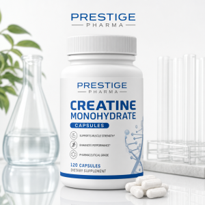 {"description":"The image presents a white plastic bottle of creatine monohydrate capsules on a white surface, accompanied by various scientific equipment and decorative elements. The bottle is prominently displayed in the center of the image, with the following features:nn* **Bottle Design:**n * White plastic materialn * Ribbed screw-on capn * Label with the brand name "PRESTIGE PHARMA" in blue and black textn * Product name "CREATINE MONOHYDRATE" in large blue textn * "CAPSULES" in white text within a blue rectanglen * Three bullet points highlighting the benefits of the product:n * Supports muscle strengthn * Enhances performancen * Pharmaceutical graden * "120 CAPSULES DIETARY SUPPLEMENT" in small black textn* **Background Elements:**n * A clear glass beaker or flask to the left of the bottlen * A green plant behind the beakern * A metal rack with several test tubes to the right of the bottlen * A few white capsules in front of the bottlen * A white wall serving as the backgroundnnThe overall atmosphere of the image suggests that it is an advertisement for the creatine monohydrate product, likely intended for use in a fitness or athletic setting."}