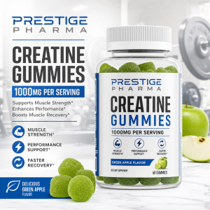{"description":"The image is an advertisement for Prestige Pharma's Creatine Gummies, a dietary supplement designed to support muscle strength, performance, and recovery. The ad features a clear plastic bottle of green gummies with a white label and blue accents, accompanied by a list of benefits and a call to action.nn* **Product Name and Brand**nt+ The product name is "CREATINE GUMMIES" in large black text.nt+ The brand name is "PRESTIGE PHARMA" in blue and gray text.n* **Product Description**nt+ The product is described as a dietary supplement that supports muscle strength, enhances performance, and boosts muscle recovery.nt+ Each serving contains 1000mg of creatine.n* **Benefits**nt+ Supports muscle strengthnt+ Enhances performancent+ Boosts muscle recoveryn* **Product Features**nt+ Delicious green apple flavornt+ 60 gummies per bottlen* **Visuals**nt+ A clear plastic bottle of green gummies with a white label and blue accents.nt+ A green apple and a dumbbell are visible in the background.n* **Call to Action**nt+ The ad encourages viewers to try the product, with a focus on its benefits and features.nnOverall, the image effectively communicates the key benefits and features of Prestige Pharma's Creatine Gummies, making it an attractive option for individuals looking to support their fitness goals."}