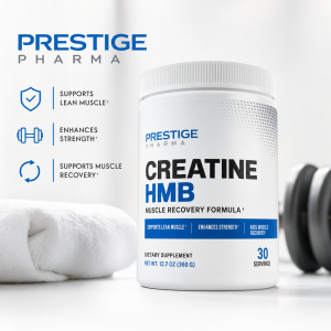 {"description":"The image presents a promotional advertisement for Prestige Pharma's Creatine HMB supplement, featuring a white plastic container with a screw-on lid and a blue and black label. The label displays the product name, "CREATINE HMB," in large text, accompanied by the tagline "MUSCLE RECOVERY FORMULA" in smaller text below.nn**Key Features and Benefits:**nn* **Supports Lean Muscle**n* **Enhances Strength**n* **Supports Muscle Recovery**nn**Product Details:**nn* **Dietary Supplement**n* **Net Weight:** 12.7 oz (360 g)n* **Servings:** 30nn**Visual Elements:**nn* A white towel is placed to the left of the container.n* A dumbbell is positioned behind the container on the right side.n* The background is predominantly white, with a subtle shadow effect behind the container.nn**Company Information:**nn* **Company Name:** Prestige Pharman* **Logo:** Displayed in blue and gray text at the top-left corner of the image."}