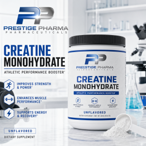 {"description":"The image depicts a promotional advertisement for Prestige Pharma Pharmaceuticals' Creatine Monohydrate supplement.nn**Left Side:**nn* The company logo, "PP PRESTIGE PHARMA PHARMACEUTICALS," is prominently displayed in blue and black text at the top.n* Below this, the product name "CREATINE MONOHYDRATE" appears in large blue and black text, accompanied by the tagline "ATHLETIC PERFORMANCE BOOSTER*" in smaller black text underneath.n* Three hexagonal icons with blue borders and white interiors are arranged vertically, each featuring a graphic and text that highlights the benefits of the product:nt+ A running person icon with the text "IMPROVES STRENGTH & POWER*"nt+ A dumbbell icon with the text "ENHANCES MUSCLE PERFORMANCE*"nt+ A lightning bolt icon with the text "SUPPORTS ENERGY & RECOVERY*"n* At the bottom, the text "UNFLAVORED DIETARY SUPPLEMENT" is displayed.nn**Right Side:**nn* A white plastic container with a black lid and label is prominently featured. The label includes the company logo, product name, and tagline, as well as three icons and text similar to those on the left side.n* A white scoop filled with a white powder (presumably the supplement) sits in front of the container.nn**Background:**nn* The background of the image appears to be a laboratory setting, complete with a microscope, beakers, and other scientific equipment. The overall atmosphere suggests a clean and professional environment.nnOverall, the image effectively promotes Prestige Pharma Pharmaceuticals' Creatine Monohydrate supplement, highlighting its benefits and features in a clear and visually appealing manner."}