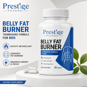 {"description":"The image presents a product advertisement for Prestige Pharma's "Belly Fat Burner" dietary supplement, specifically designed for men. The ad features a white bottle with a blue label and a white cap, accompanied by three capsules on a white surface.nn**Product Information:**nn* **Product Name:** Belly Fat Burnern* **Brand:** Prestige Pharman* **Description:** Thermogenic Formula for Menn* **Benefits:**nt+ Boosts Metabolismnt+ Supports Fat Burningnt+ Enhances Energy & Focusnn**Visual Elements:**nn* A white bottle with a blue label and a white capn* Three capsules on a white surfacen* A green leafy plant in the backgroundn* A blue and white color schemenn**Key Features:**nn* **Dietary Supplement:** Indicated by a blue banner at the bottom left cornern* **90 Capsules:** Listed on the labelnn**Overall Impression:**nnThe image effectively showcases the product and its benefits, with a clean and modern design. The use of a white and blue color scheme conveys a sense of purity and trustworthiness, while the green leafy plant adds a touch of naturalness. The advertisement aims to appeal to men looking to lose belly fat and improve their overall health."}