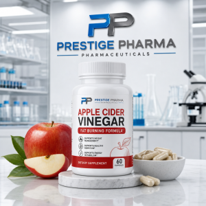 {"description":"The image depicts a laboratory setting with a white background, featuring a product advertisement for Prestige Pharma's Apple Cider Vinegar dietary supplement.nnAt the top of the image, the company logo "PP" is prominently displayed in large blue and gray letters, accompanied by the words "PRESTIGE PHARMA PHARMACEUTICALS" in smaller text below. A thin blue line separates the company name from the rest of the text.nnIn the center of the image, a white bottle with a red and black label stands out, bearing the product name "APPLE CIDER VINEGAR" in bold letters. The label also features the tagline "FAT BURNING FORMULA*" in white text on a red background, along with three bullet points highlighting the product's benefits: "SUPPORTS WEIGHT MANAGEMENT*", "SUPPORTS HEALTHY DIGESTION*", and "SUPPORTS ENERGY METABOLISM*". The bottle is positioned on a white marble stand, with a bowl of beige capsules to its right and an apple to its left.nnThe background of the image showcases a laboratory setting, complete with various scientific equipment such as beakers, test tubes, and a microscope. The overall atmosphere of the image suggests a clean and professional environment, likely intended to promote the product and convey a sense of trust and credibility."}