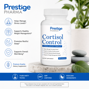 {"description":"The image presents a product advertisement for Prestige Pharma's Cortisol Control supplement, featuring a white bottle with blue text and a list of benefits on the left side.nn* **Product Information**nt+ The product name is "Cortisol Control" in large blue text.nt+ The tagline reads "STRESS SUPPORT FORMULA*" in smaller white text on a blue background.nt+ A list of benefits is provided:ntt- Helps Manage Everyday Stress*ntt- Supports Healthy Cortisol Levels*ntt- Promotes Balanced Mood & Energy*ntt- Supports Weight Management Goals*nt+ The product contains 60 capsules.n* **Benefits of the Product**nt+ Helps Manage Stress Levels*nt+ Supports Healthy Weight Management*nt+ Promotes Restful Sleep*nt+ Supports Overall Well-Being*n* **Product Quality and Certifications**nt+ Premium Quality Dietary Supplementnt+ Third-Party Testednt+ GMP Certifiednt+ Non-GMO Ingredientsn* **Disclaimer**nt+ A disclaimer at the bottom states that these statements have not been evaluated by the Food and Drug Administration. This product is not intended to diagnose, treat, cure, or prevent any disease.nnThe image effectively communicates the key features and benefits of Prestige Pharma's Cortisol Control supplement, highlighting its stress support formula and various certifications."}
