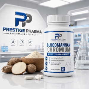 {"description":"The image is an advertisement for a dietary supplement called Glucomannan Chromium Appetite Suppressant by Prestige Pharma Pharmaceuticals.nn**Left Side:**nn* The company logo, "PP" in blue and gray, is prominently displayed on a white background.n* Below the logo, the company name "PRESTIGE PHARMA PHARMACEUTICALS" is written in blue and gray text.n* Three icons with accompanying text are arranged horizontally:nt+ A beaker icon with the word "SCIENCE"nt+ A shield icon with the word "QUALITY"nt+ A checkmark icon with the word "TRUST"nn**Center:**nn* A white bottle of Glucomannan Chromium Appetite Suppressant is positioned on the right side of the image.n* The bottle features a white cap and a label with the product name and company logo.n* A blue banner on the label highlights the product's benefits, including:nt+ Supports Appetite Controlnt+ Promotes Healthy Metabolismnt+ Helps Maintain Healthy Blood Sugar Levelsn* The label also includes a list of symbols indicating that the product is:nt+ GMP (Good Manufacturing Practice) certifiednt+ Lab testednt+ Made with high-quality ingredientsnn**Right Side:**nn* A beaker and a flask are visible in the background, suggesting a laboratory setting.nn**Bottom Left:**nn* A pile of konjac root and a bowl of powder are displayed next to the bottle.n* Three white capsules are scattered on the surface in front of the bottle.nn**Background:**nn* The background of the image appears to be a laboratory or medical facility, with various pieces of equipment and shelving units visible."}