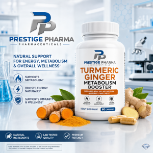 {"description":"The image presents a product advertisement for Prestige Pharma's Turmeric Ginger Metabolism Booster dietary supplement.nn**Top Section:**nIn the top-left corner, the company logo features a stylized "PP" in blue and gray, accompanied by the text "PRESTIGE PHARMA PHARMACEUTICALS" in blue and gray. To the right of the logo, a white plastic bottle with a screw-on cap is prominently displayed. The label on the bottle reads "TURMERIC GINGER METABOLISM BOOSTER*" in orange and black text, with additional information about the product's benefits and contents.nn**Middle Section:**nOn the left side of the image, the text "NATURAL SUPPORT FOR ENERGY, METABOLISM & OVERALL WELLNESS*" appears in blue. Below this, three bullet points highlight the product's benefits:nn• Supports Metabolism*n• Boosts Energy Naturally*n• Supports Immunity & Wellness*nn**Bottom Section:**nAt the bottom of the image, a blue banner features three white icons and corresponding text:nn• NATURAL INGREDIENTSn• LAB TESTED QUALITYn• PREMIUM POTENCYnn**Background:**nThe background of the image depicts a laboratory setting, complete with a microscope, beakers, and test tubes. Various ingredients used in the product are scattered around the bottle, including turmeric roots, ginger roots, and green leaves. The overall atmosphere of the image suggests a professional and scientific approach to promoting the product."}