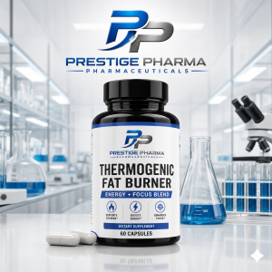 {"description":"The image presents a product advertisement for Prestige Pharma Pharmaceuticals' "Thermogenic Fat Burner" supplement. The product is showcased in a laboratory setting, with the company's logo and branding prominently displayed.nn* **Company Logo**nt+ Located at the top center of the imagent+ Features a stylized "PP" in blue and silver, accompanied by the company name "PRESTIGE PHARMA PHARMACEUTICALS" in blue and gray textn* **Product Bottle**nt+ Black plastic bottle with a white labelnt+ Label features the company logo and product name "THERMOGENIC FAT BURNER" in large black textnt+ Subheading "ENERGY + FOCUS BLEND" in smaller blue textnt+ Three bullet points highlighting the product's benefits:ntt- Supports fat burnntt- Boosts energyntt- Enhances focusnt+ "DIETARY SUPPLEMENT" and "60 CAPSULES" written in small blue textn* **Capsules**nt+ Two white capsules placed on a white surface to the left of the product bottlen* **Laboratory Background**nt+ Blurred laboratory setting with various scientific equipment, including:ntt- A microscopentt- Beakers and test tubes filled with blue liquidntt- Shelves with glass containers and equipmentn* **Overall Design**nt+ Clean and modern design with a predominantly white and blue color schement+ The use of a laboratory setting aims to convey a sense of professionalism and scientific expertisennThe image effectively showcases the product and company branding while creating a professional and scientific atmosphere."}