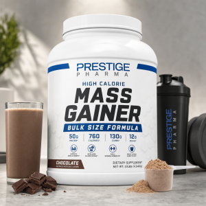 {"description":"The image depicts a product advertisement for a mass gainer supplement. The central focus is a large white plastic container with a blue stripe at the top and bottom, featuring the brand name "PRESTIGE PHARMA" in blue text at the top. Below this, it reads "HIGH CALORIE MASS GAINER BULK SIZE FORMULA" in black text on a white background.nnThe container provides key details about the product, including:nn* 50g of proteinn* 760 caloriesn* 130g of carbohydratesn* 12g of BCAAsnnAdditional information includes:nn* Supports muscle growthn* Increases calorie intaken* Fuels intense workoutsn* Great tasting and easy to mixnnThe product is described as a dietary supplement, with a net weight of 10lbs (4.54KG).nnSurrounding the container are various items, including:nn* A glass filled with a chocolate-colored liquidn* A pile of chocolate piecesn* A small scoop of the brown powdern* A black shaker bottle with the same brand namennThe background of the image features a gray wall, a plant, and a white surface, suggesting a clean and modern setting. Overall, the image effectively showcases the product and its benefits, making it appealing to potential customers."}
