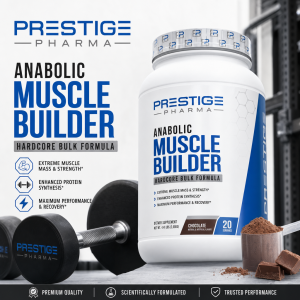{"description":"The image is an advertisement for a muscle-building supplement called "Anabolic Muscle Builder" by Prestige Pharma. The ad features a white plastic container with a blue and black label, accompanied by a scoop of chocolate-flavored powder and a dumbbell.nn* **Product Container**nt+ White plastic container with a white and blue labelnt+ Label features the product name "Anabolic Muscle Builder" in large blue and black textnt+ Label also includes the company name "Prestige Pharma" in smaller text at the topnt+ Label has a brown stripe at the bottom with the flavor "Chocolate" written in white textnt+ Container has a white cap with a repeating pattern of the company logon* **Scoop and Powder**nt+ A silver scoop filled with chocolate-flavored powdernt+ The scoop is placed on a gray surface next to the containernt+ A few chunks of chocolate are scattered around the scoopn* **Dumbbell**nt+ A black dumbbell with a silver handlent+ The dumbbell is placed on a gray surface next to the scoop and powdernt+ The dumbbell has the company logo "Prestige Pharma" printed on it in blue and white textn* **Background**nt+ A blurred background that appears to be a gym or warehouse settingnt+ The background is predominantly white and gray, with some black accentsn* **Text and Graphics**nt+ The company logo "Prestige Pharma" is displayed prominently at the top-left corner of the imagent+ The product name "Anabolic Muscle Builder" is written in large blue and black text on the left side of the imagent+ A list of benefits is written in smaller text below the product name, including:ntt- Extreme muscle mass and strengthntt- Enhanced protein synthesisntt- Maximum performance and recoverynt+ A black banner at the bottom of the image features four icons and text that read:ntt- Premium qualityntt- Scientifically formulatedntt- Trusted performancennOverall, the image effectively showcases the product and its benefits, while also highlighting the company's brand and values. The use of a clean and modern design makes the ad visually appealing and easy to read."}