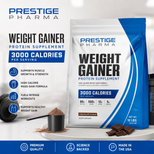 {"description":"The image presents a product advertisement for a weight gainer protein supplement, featuring a white and blue color scheme. The top-left corner displays the brand name "PRESTIGE PHARMA" in blue and gray text.nn**Product Information**nn* **Product Name:** WEIGHT GAINER PROTEIN SUPPLEMENTn* **Calories per Serving:** 3000n* **Key Features:**nt+ Supports muscle growth and strengthnt+ High-calorie mass gain formulant+ Fuels intense workoutsnt+ Supports healthy weight gainnn**Product Packaging**nn* A large white and blue bag with a ziplock seal is prominently displayed on the right side of the image.n* The bag features the brand name "PRESTIGE PHARMA" in blue and gray text at the top.n* The product name "WEIGHT GAINER PROTEIN SUPPLEMENT" is written in large black text below the brand name.n* A blue banner on the bag highlights the calorie content: "3000 CALORIES PER SERVING".n* Additional product information is listed below the banner, including:nt+ 60g proteinnt+ 500g carbsnt+ 12g BCAAsnt+ 5g creatinenn**Additional Elements**nn* A black shaker cup filled with chocolate-flavored powder sits on a white plate, accompanied by a spoon and some chocolate pieces.n* A black dumbbell and weight plate are placed behind the bag.n* A blue banner at the bottom of the image features three icons:nt+ "PREMIUM QUALITY"nt+ "SCIENCE BACKED"nt+ "MADE IN THE USA"nnOverall, the image effectively showcases the product's key features and benefits, while also highlighting the brand's commitment to quality and science-backed formulation."}