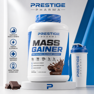 {"description":"The image presents a product advertisement for Prestige Pharma's Mass Gainer supplement, featuring a white and blue color scheme. The product is showcased in a prominent display, accompanied by a shaker bottle and a list of benefits.nn* **Product Display**nt+ A large white container with a blue lid and labelnt+ Label features the brand name "PRESTIGE PHARMA" in blue textnt+ Product name "MASS GAINER" in large black textnt+ Subtitle "WITH CREATINE & GLUTAMINE COMPLEX" in smaller white textnt+ Nutritional information:ntt- 50g Proteinntt- 760 Caloriesntt- 120g Carbsntt- 5g Creatinentt- 5g Glutaminent+ Flavor: Chocolaten* **Shaker Bottle**nt+ White bottle with a blue lid and labelnt+ Label features the brand name "PRESTIGE PHARMA" in blue textn* **Benefits List**nt+ Four bullet points with blue icons and text:ntt- Supports Muscle Growthntt- Energy & Strengthntt- Enhances Recoveryntt- Great Tasting & Mixes Easyn* **Background**nt+ White background with a blue wave-like design on the right sident+ Chocolate pieces and chocolate chips on the left sidennOverall, the image effectively showcases the product and its benefits, making it appealing to potential customers."}