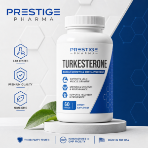 {"description":"The image presents a promotional advertisement for Prestige Pharma's Turkesterone muscle growth and size supplement. The ad features a white bottle with a blue label, accompanied by various claims and certifications.nn* **Product Information**nt+ Product name: Turkesteronent+ Description: Muscle Growth & Size Supplementnt+ Benefits:ntt- Supports lean muscle growthntt- Enhances strength and performancentt- Supports recovery and endurancent+ Quantity: 60 capsulesn* **Certifications and Claims**nt+ Lab testednt+ Premium qualitynt+ Non-GMOnt+ Third-party testednt+ Manufactured in GMP facilitynt+ Made in the USAn* **Visual Elements**nt+ A white bottle with a blue label on a white pedestalnt+ A green leaf behind the bottlent+ A blue and white background with a hexagonal patternn* **Company Information**nt+ Company name: Prestige Pharmant+ Logo: Blue text with a white backgroundnnIn summary, the image effectively promotes Prestige Pharma's Turkesterone supplement, highlighting its benefits, certifications, and quality. The visual elements, including the product packaging and background design, contribute to a professional and trustworthy appearance. Overall, the advertisement aims to appeal to individuals seeking a reliable and effective muscle growth and size supplement."}