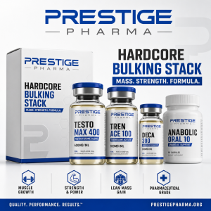 {"description":"The image presents a promotional advertisement for Prestige Pharma's Hardcore Bulking Stack, a product designed to support muscle growth and strength. The ad features a clean and modern design, with a predominantly white background and accents of blue and black.nn**Visual Elements:**nn* A large white box with a blue stripe at the bottom, bearing the product name "HARDCORE BULKING STACK" in bold black and blue text.n* Four vials and one bottle, each labeled with a specific product name and dosage:nt+ Testo Max 400nt+ Tren Ace 100nt+ Deca 300nt+ Anabolic Oral 10n* A blue banner at the bottom with the company slogan "QUALITY. PERFORMANCE. RESULTS." and website URL "PRESTIGEPHARMA.ORG".nn**Key Features:**nn* **Muscle Growth**: A blue icon of a dumbbell within a hexagon, accompanied by the text "MUSCLE GROWTH".n* **Strength & Power**: A blue icon of a flexed arm, paired with the text "STRENGTH & POWER".n* **Lean Mass Gain**: A blue icon of a flexed arm with a muscle, accompanied by the text "LEAN MASS GAIN".n* **Pharmaceutical Grade**: A blue plus sign icon, paired with the text "PHARMACEUTICAL GRADE".nn**Overall Impression:**nnThe advertisement effectively communicates the product's benefits and features, showcasing a sleek and modern design that appeals to the target audience. The use of icons and concise text makes it easy to quickly understand the product's key advantages. The inclusion of the company slogan and website URL provides a clear call-to-action for potential customers."}