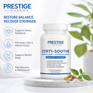 {"description":"The image presents a product advertisement for Prestige Pharma's Corti-Soothe, a dietary supplement designed to support stress resilience, promote calmness and mental clarity, aid in restful sleep, and enhance recovery and performance.nn* **Product Name and Tagline**nt+ The product name is "Corti-Soothe" with the subtitle "Magnesium + Ashwagandha".nt+ The tagline reads "Restore Balance. Recover Stronger."n* **Product Description**nt+ The product is described as a "Recovery Support" supplement.nt+ It contains 180 capsules.n* **Benefits**nt+ Supports Stress Resiliencent+ Promotes Calm & Mental Claritynt+ Supports Restful Sleepnt+ Aids Recovery & Performancen* **Visuals**nt+ A white bottle with a blue label and white cap is prominently displayed.nt+ The bottle sits on a marble platform surrounded by green leaves, ashwagandha roots, and magnesium powder.nt+ A plant is visible in the background.n* **Company Information**nt+ The company name is "Prestige Pharma".nnIn summary, the image effectively communicates the key features and benefits of Prestige Pharma's Corti-Soothe supplement, highlighting its natural ingredients and potential to support overall well-being."}
