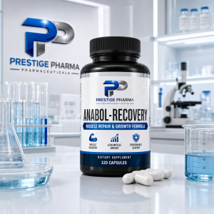 {"description":"The image shows a bottle of dietary supplements on a laboratory counter. The bottle is black with a white label and blue accents, featuring the brand name "PRESTIGE PHARMA" in blue text at the top. Below this, the product name "ANABOL-RECOVERY" is displayed in large black text, accompanied by the subtitle "MUSCLE REPAIR & GROWTH FORMULA" in smaller white text on a blue background.nnThe label also includes three icons: a flexed arm, a bar graph, and a shield, each representing a benefit of the product: "MUSCLE RECOVERY", "LEAN MUSCLE GROWTH", and "PERFORMANCE SUPPORT". At the bottom of the label, it states "DIETARY SUPPLEMENT" and "120 CAPSULES".nnIn front of the bottle are three white capsules. To the left of the bottle is a beaker filled with blue liquid, while to the right is a measuring cup containing blue liquid. In the background, there are various laboratory equipment, including test tubes, a microscope, and a shelf with bottles. The wall behind the counter features a logo for "PRESTIGE PHARMA PHARMACEUTICALS". The overall atmosphere suggests a professional setting, likely a laboratory or pharmacy."}
