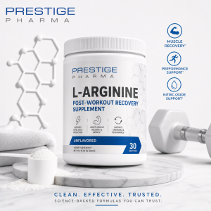 {"description":"The image presents a product advertisement for Prestige Pharma's L-Arginine post-workout recovery supplement. The ad features a white plastic container with a screw-on lid, prominently displaying the product name and brand.nn* **Product Container:**nt+ White plastic containernt+ Screw-on lidnt+ Label with the following information:ntt- Product name: L-ARGININEntt- Subheading: POST-WORKOUT RECOVERY SUPPLEMENTntt- Brand name: PRESTIGE PHARMAntt- Tagline: CLEAN. EFFECTIVE. TRUSTED. SCIENCE-BACKED FORMULAS YOU CAN TRUST.ntt- Servings: 30ntt- Net weight: 10.58 OZ (300 G)n* **Product Benefits:**nt+ Muscle recoverynt+ Performance supportnt+ Nitric oxide supportn* **Product Features:**nt+ Unflavorednt+ Supports nitric oxide productionnt+ Assists muscle recovery and growthnt+ Supports endurance and performancen* **Background Elements:**nt+ White backgroundnt+ Molecular structure graphicnt+ Towelnt+ Scoop with powdernt+ DumbbellnnThe image effectively showcases the product and its benefits, highlighting its key features and advantages. The use of a clean and simple design makes the product stand out, while the background elements add context and relevance to the fitness and wellness industry."}