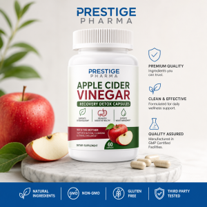 {"description":"The image depicts a product advertisement for Prestige Pharma's Apple Cider Vinegar Recovery Detox Capsules.nn**Product Display**nnThe product is showcased on a white marble plate, accompanied by a red apple, a sliced apple, and several capsules. The white plastic bottle features a white cap and a label with the brand name "PRESTIGE PHARMA" in blue and green text at the top. Below this, the product name "APPLE CIDER VINEGAR RECOVERY DETOX CAPSULES" is displayed in large red and green text. A green stripe on the label highlights the product's benefits, including supporting detoxification, promoting digestive health, and supporting weight management. The label also features a picture of an apple and the text "WITH THE MOTHER SUPPORTS NATURAL CLEANSING & DIGESTIVE WELLNESS." The bottom of the label indicates that the product contains 60 capsules.nn**Background and Additional Elements**nnIn the background, a blurred green plant is visible on the left side of the image. At the top center, the company logo "PRESTIGE PHARMA" appears in blue and gray text. A blue banner at the bottom of the image lists the product's features, including natural ingredients, non-GMO, gluten-free, and third-party tested.nn**Key Points**nnOn the right side of the image, four key points about the product are listed:nn* PREMIUM QUALITY: Ingredients you can trust.n* CLEAN & EFFECTIVE: Formulated for daily wellness support.n* QUALITY ASSURED: Manufactured in GMP Certified Facilities.nnOverall, the image effectively showcases the product and its benefits, while also highlighting the company's commitment to quality and purity."}