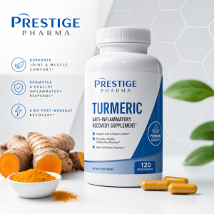 {"description":"The image presents a promotional advertisement for Prestige Pharma's Turmeric Anti-Inflammatory Recovery Supplement. The ad features a white bottle with a blue label, accompanied by a list of benefits and a call to action.nn* **Product Bottle**n * The bottle is white with a white screw-on cap and a blue label.n * The label displays the product name, "TURMERIC ANTI-INFLAMMATORY RECOVERY SUPPLEMENT," in blue text on a white background.n * The label also includes the company name, "PRESTIGE PHARMA," in blue text at the top.n * A blue banner at the bottom of the label indicates that the product contains 120 veggie capsules.n* **Benefits**n * The ad highlights three key benefits of the product:n * Supports joint and muscle comfortn * Promotes a healthy inflammatory responsen * Aids post-workout recoveryn* **Visual Elements**n * A small bowl of turmeric powder is placed in front of the bottle, accompanied by a few whole turmeric roots.n * Three orange capsules are arranged in front of the bottle.n * A green leafy plant is visible in the background, adding a natural touch to the design.n* **Company Information**n * The company name, "PRESTIGE PHARMA," is displayed prominently at the top-left corner of the ad.n * A logo featuring a blue leaf is situated next to the company name.nnIn summary, the image effectively promotes Prestige Pharma's Turmeric Anti-Inflammatory Recovery Supplement, highlighting its benefits and features in a clear and concise manner. The use of visual elements, such as the turmeric roots and green leafy plant, adds a natural and healthy touch to the design."}