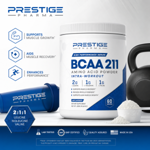 {"description":"The image is an advertisement for a dietary supplement called BCAA 211 Amino Acid Powder Intra-Workout by Prestige Pharma. nn**Product Information:**nn* The product is displayed on the right side of the image, with a white plastic container featuring a blue and white label.n* The label includes the product name, "BCAA 211 AMINO ACID POWDER INTRA-WORKOUT," along with the company logo and tagline.n* The product contains 2G L-Leucine, 1G L-Isoleucine, and 1G L-Valine.n* It supports muscle recovery, reduces muscle soreness, and supports lean muscle growth.n* The product is unflavored and comes in a 300g (10.58 oz) container with 60 servings.nn**Benefits:**nn* The left side of the image lists three benefits of the product:nt+ Supports muscle growthnt+ Aids muscle recoverynt+ Enhances performancenn**Additional Features:**nn* A blue hexagon in the bottom-left corner displays the ratio of the three amino acids: 2:1:1 Leucine Isoleucine Valine.n* A blue banner at the bottom of the image provides additional information about the product, including:nt+ Lab testednt+ GMP certifiednt+ Quality assurednt+ Made in USAnn**Visual Elements:**nn* A scoop of the powder and a small pile of the powder are placed to the right of the container.n* A black kettlebell and a blue tube with the company logo are also visible in the background.n* The background of the image is white, with a faint gray gradient at the top."}