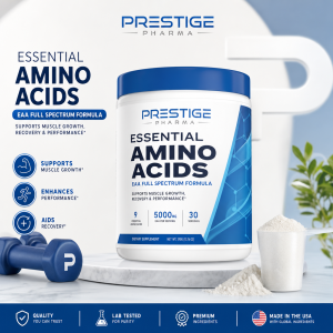 {"description":"The image is an advertisement for a dietary supplement product called "Essential Amino Acids" by Prestige Pharma. The image features a white and blue container with a blue cap, accompanied by a scoop of powder and a few dumbbells.nn* **Product Name and Description**nt+ The product name "ESSENTIAL AMINO ACIDS" is prominently displayed in large blue text on the left side of the image.nt+ Below the product name, a subtitle reads "EAA FULL SPECTRUM FORMULA" in smaller white text on a blue background.nt+ A tagline below the subtitle states "SUPPORTS MUSCLE GROWTH, RECOVERY & PERFORMANCE*" in small black text.n* **Benefits of the Product**nt+ Three bullet points highlight the benefits of the product:ntt- Supports muscle growth*ntt- Enhances performance*ntt- Aids recovery*n* **Product Container and Ingredients**nt+ A white and blue container with a blue cap is displayed on the right side of the image.nt+ The container features the product name and description, as well as additional details such as:ntt- 9 Essential Amino Acidsntt- 5000mg EAA per servingntt- 30 servingsnt+ A scoop of powder and a few dumbbells are placed next to the container.n* **Company Information and Certifications**nt+ The company logo "PRESTIGE PHARMA" is displayed at the top of the image.nt+ A blue banner at the bottom of the image features several certifications and claims, including:ntt- Quality you can trustntt- Lab tested for purityntt- Premium ingredientsntt- Made in the USA with global ingredientsnnOverall, the image effectively communicates the key features and benefits of the Essential Amino Acids product by Prestige Pharma, while also showcasing the company's commitment to quality and purity."}