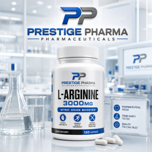 {"description":"The image depicts a white bottle of L-Arginine capsules on a laboratory counter, accompanied by a beaker, a glass of water, and four capsules. The bottle is labeled "L-ARGININE 3000MG NITRIC OXIDE BOOSTER" and features the Prestige Pharma logo.nn* **Logo**nt+ The logo is displayed prominently at the top center of the image.nt+ It consists of a stylized "PP" in blue and gray, with "PRESTIGE PHARMA PHARMACEUTICALS" written below it in blue and gray text.n* **Bottle**nt+ The bottle is white and cylindrical, with a white cap.nt+ It is labeled "L-ARGININE 3000MG NITRIC OXIDE BOOSTER" in black text.nt+ The label also includes the Prestige Pharma logo and the words "DIETARY SUPPLEMENT" and "120 CAPSULES".n* **Beaker and Glass**nt+ A clear glass beaker is placed to the left of the bottle, containing a clear liquid.nt+ A clear glass cup is positioned behind the beaker, also filled with a clear liquid.n* **Capsules**nt+ Four white capsules are scattered in front of the bottle.n* **Sign**nt+ A small sign is placed to the right of the bottle, featuring three bullet points:ntt- PHARMACEUTICAL GRADEntt- THIRD-PARTY TESTEDntt- QUALITY YOU CAN TRUSTn* **Background**nt+ The background of the image appears to be a laboratory setting, with various pieces of equipment and shelving units visible.nt+ The overall atmosphere suggests a clean and professional environment.nnIn summary, the image presents a product advertisement for L-Arginine capsules, showcasing the product's packaging and highlighting its features and benefits. The use of a laboratory setting and scientific equipment adds a sense of authenticity and credibility to the product."}