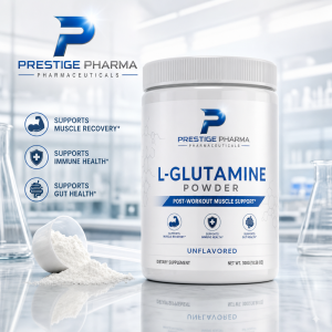 {"description":"The image presents a product advertisement for L-Glutamine Powder, a dietary supplement offered by Prestige Pharma Pharmaceuticals. The product is showcased on a laboratory-style surface, with a white background and a prominent display of the product's features.nn* **Product Container:**n * A white plastic container with a screw-on lidn * Features the Prestige Pharma Pharmaceuticals logo and the product name "L-GLUTAMINE POWDER" in blue textn * Subtitle: "POST-WORKOUT MUSCLE SUPPORT*"n * Net weight: 300G (10.58 OZ)n * Unflavoredn* **Product Description:**n * Supports muscle recovery*n * Supports immune health*n * Supports gut health*n* **Background:**n * A laboratory-style surface with a white backgroundn * A beaker and a scoop of powder are visible in the backgroundn* **Company Logo:**n * Prestige Pharma Pharmaceuticals logo in the top-left cornern * Features a stylized "P" and the company name in blue and black textnnThe image effectively showcases the product and its benefits, while also highlighting the company's brand identity. The use of a laboratory-style background adds a sense of professionalism and authenticity to the advertisement. Overall, the image presents a clear and concise message about the product and its features, making it an effective marketing tool."}