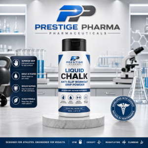 {"description":"The image is an advertisement for Prestige Pharma's Liquid Chalk product, featuring a white bottle with a black cap and blue label on a marble pedestal in a laboratory setting.nn**Product and Packaging:**nn* The bottle has a black cap and a white label with a blue stripe at the bottom.n* The label features the Prestige Pharma logo and the words "LIQUID CHALK" in large letters.n* Below that, it says "ANTI-SLIP WORKOUT GRIP POWDER" in smaller text.n* The label also includes a list of benefits, such as "ENHANCED GRIP & CONTROL," "SWEAT RESISTANT," and "IMPROVE PERFORMANCE."nn**Background:**nn* The background is a laboratory setting with various scientific equipment, including beakers, test tubes, and a microscope.n* A shelf on the left side of the image holds several glass bottles and containers.n* A kettlebell and dumbbells are visible on the floor behind the pedestal.nn**Additional Elements:**nn* A blue rectangle on the left side of the image lists four key features of the product:nt+ SUPERIOR GRIPnt+ SWEAT ACTIVATEDnt+ REDUCE SLIPPINGnt+ CLEAN FORMULAn* A circular logo on the right side of the image reads "DEVELOPED WITH SCIENCE BACKED BY PERFORMANCE."n* At the top of the image, the Prestige Pharma logo is displayed in large letters, with "PHARMACEUTICALS" written below it.n* A dark blue banner at the bottom of the image contains the text "DESIGNED FOR ATHLETES. ENGINEERED FOR RESULTS." and features icons for various sports, including gym, CrossFit, weightlifting, and climbing."}