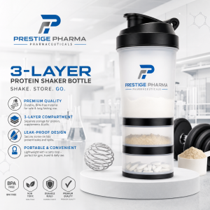 {"description":"The image presents a promotional advertisement for a product called the "3-LAYER PROTEIN SHAKER BOTTLE" by Prestige Pharma Pharmaceuticals. The ad features a white background with a prominent display of the product on a gray pedestal.nnHere is a detailed breakdown of the image:nn* **Product Name and Tagline**nt+ The product name, "3-LAYER PROTEIN SHAKER BOTTLE," is displayed in large blue and black text.nt+ The tagline "SHAKE. STORE. GO." is written below the product name.n* **Product Features**nt+ A list of features is presented to the left of the product:ntt- **PREMIUM QUALITY**: Durable, BPA-free material for safe & long-lasting use.ntt- **3-LAYER COMPARTMENT**: Separate storage for protein, supplements & pills.ntt- **LEAK-PROOF DESIGN**: Secure screw-on lids prevent leaks and spills.ntt- **PORTABLE & CONVENIENT**: Lightweight with a carry loop - perfect for gym, travel & daily use.n* **Product Image**nt+ The product is a tall, cylindrical shaker bottle with a black lid and three distinct layers:ntt- The top layer contains a light-brown powder.ntt- The middle layer contains a tan powder.ntt- The bottom layer contains white pills.nt+ The product features the Prestige Pharma Pharmaceuticals logo on its side.n* **Additional Elements**nt+ A small white bowl filled with the same light-brown powder as the top layer of the product sits to the right of the product.nt+ A dumbbell and a metal ball are placed behind the product.nt+ A blurred laboratory setting serves as the background.nnIn summary, the image effectively showcases the 3-Layer Protein Shaker Bottle by Prestige Pharma Pharmaceuticals, highlighting its key features and benefits. The product's design and functionality are clearly demonstrated, making it an attractive option for individuals seeking a convenient and portable way to manage their supplements and protein powder."}