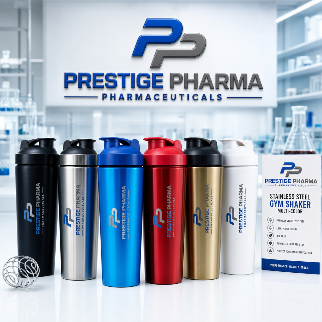 {"description":"The image depicts a promotional advertisement for Prestige Pharma Pharmaceuticals, showcasing their stainless steel gym shakers. The background of the image features a laboratory setting with shelves stocked with various glassware and equipment.nn* **Company Logo**nt+ Located at the top center of the imagent+ Features a stylized "PP" monogram in blue and graynt+ Accompanied by the company name "PRESTIGE PHARMA PHARMACEUTICALS" in blue and gray textn* **Gym Shakers**nt+ Six shakers are arranged in a row on a white surfacent+ Each shaker has a different color: black, silver, blue, red, gold, and whitent+ The shakers feature the company logo and name in blue and gray textnt+ They have a cylindrical shape with a screw-on lid and a handle on topn* **Product Information Card**nt+ Located to the right of the shakersnt+ Features the company logo and name at the topnt+ Lists the product name as "STAINLESS STEEL GYM SHAKER MULTI-COLOR"nt+ Includes a list of product features, such as:ntt- Premium stainless steelntt- Leak-proof designntt- BPA-freentt- Durable and rust-resistantntt- Perfect for gym and everyday usent+ Tagline at the bottom reads "PERFORMANCE. QUALITY. TRUST."n* **Background**nt+ Laboratory setting with white walls and shelvesnt+ Shelves stocked with various glassware and equipmentnt+ A large window or door in the background allows natural light to enter the roomnnOverall, the image effectively showcases the product and provides essential information about its features and benefits. The use of a laboratory setting in the background adds a sense of professionalism and expertise, while the company logo and branding reinforce the product's identity."}
