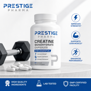 {"description":"The image presents a product advertisement for Prestige Pharma's Creatine Monohydrate Capsules, showcasing the product and its benefits.nn* **Product Image**nt+ A white bottle with a screw-on cap is prominently displayed in the center of the image.nt+ The bottle features the brand name "PRESTIGE PHARMA" in blue and gray text at the top.nt+ Below this, the product name "CREATINE MONOHYDRATE CAPSULES" is written in black text, accompanied by the label "GYM ESSENTIAL" in white text on a blue background.nt+ Additional product information includes:ntt- Improves Strengthntt- Supports Lean Musclentt- Enhances Performancent+ The bottle contains 120 capsules and is labeled as a dietary supplement.n* **Product Benefits**nt+ Four benefits are listed to the right of the product image:ntt- Improves Strengthntt- Supports Lean Musclentt- Enhances Performancen* **Additional Information**nt+ A blue banner at the bottom of the image provides additional information about the product:ntt- High-Quality Ingredientsntt- Lab Testedntt- GMP Certified Facilityn* **Background Elements**nt+ A dumbbell and several white capsules are placed to the left of the product bottle.nt+ The background of the image features a white surface with a subtle shadow effect.nnIn summary, the image effectively showcases Prestige Pharma's Creatine Monohydrate Capsules as a high-quality dietary supplement designed to support gym-goers and athletes. The product's benefits, including improved strength, lean muscle support, and enhanced performance, are clearly highlighted. The image also emphasizes the product's quality through its lab testing and GMP certification. Overall, the advertisement presents a compelling case for individuals looking to enhance their fitness regimen."}
