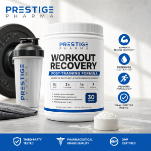 {"description":"The image presents a product advertisement for Prestige Pharma's Workout Recovery Post-Training Formula, showcasing the product's benefits and features. The main points are:nn* **Product Packaging**nt+ A white plastic container with a blue and black labelnt+ Label features the brand name "PRESTIGE PHARMA" in blue and black textnt+ Product name "WORKOUT RECOVERY" in large white text on a blue backgroundnt+ Subheading "POST-TRAINING FORMULA" in smaller white text on a blue backgroundnt+ Tagline "ADVANCED RECOVERY & PERFORMANCE SUPPORT" in small black textn* **Product Information**nt+ 5G BCAAsnt+ 3G L-Glutaminent+ 1G Taurinent+ 4 Electrolytesnt+ Supports muscle recoverynt+ Helps replenish electrolytesnt+ Promotes performance and endurancent+ Delicious and easy to mixn* **Servings and Nutrition Facts**nt+ 30 servings per containernt+ Net weight: 450G (15.87 OZ)n* **Benefits**nt+ Supports muscle recoverynt+ Replenishes electrolytesnt+ Promotes performancen* **Certifications and Testing**nt+ Third-party testednt+ Pharmaceutical grade qualitynt+ GMP certifiedn* **Visuals**nt+ A scoop of the product with a small pile of powder next to itnt+ A shaker bottle with the brand logont+ A towel and weightlifting equipment in the backgroundnnThe image effectively communicates the key features and benefits of Prestige Pharma's Workout Recovery Post-Training Formula, highlighting its advanced recovery and performance support capabilities. The use of a clean and modern design makes the product appealing to potential customers."}